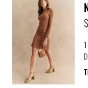 Sezane Camel Long-Sleeve Button-Side Knit Dress